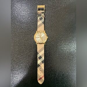 Burberry Women's Watch with Gold Case and Plaid Strap